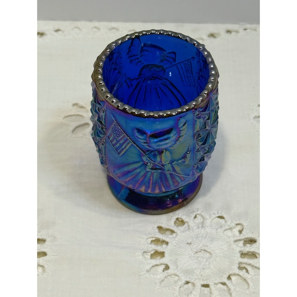 Blue Carnival Glass Betsy Ross with Flag Toothpick Holder Iridescent Votive - Picture 3 of 7